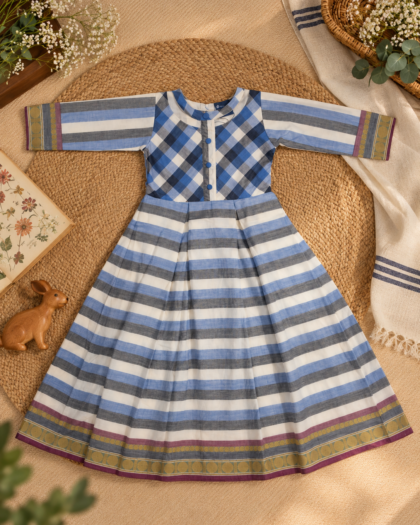 Blue Cut Neckline Gown in Handloom Cotton/5-6 years