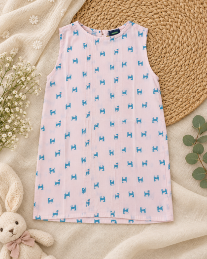 Pink Kurta With Pin Tucks and Dog Prints In Cotton