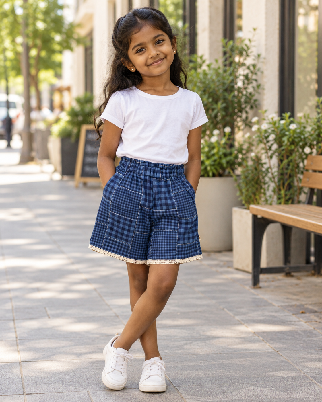 Cotton Checked Shorts with Lace Trim/4-5 years - Image 2