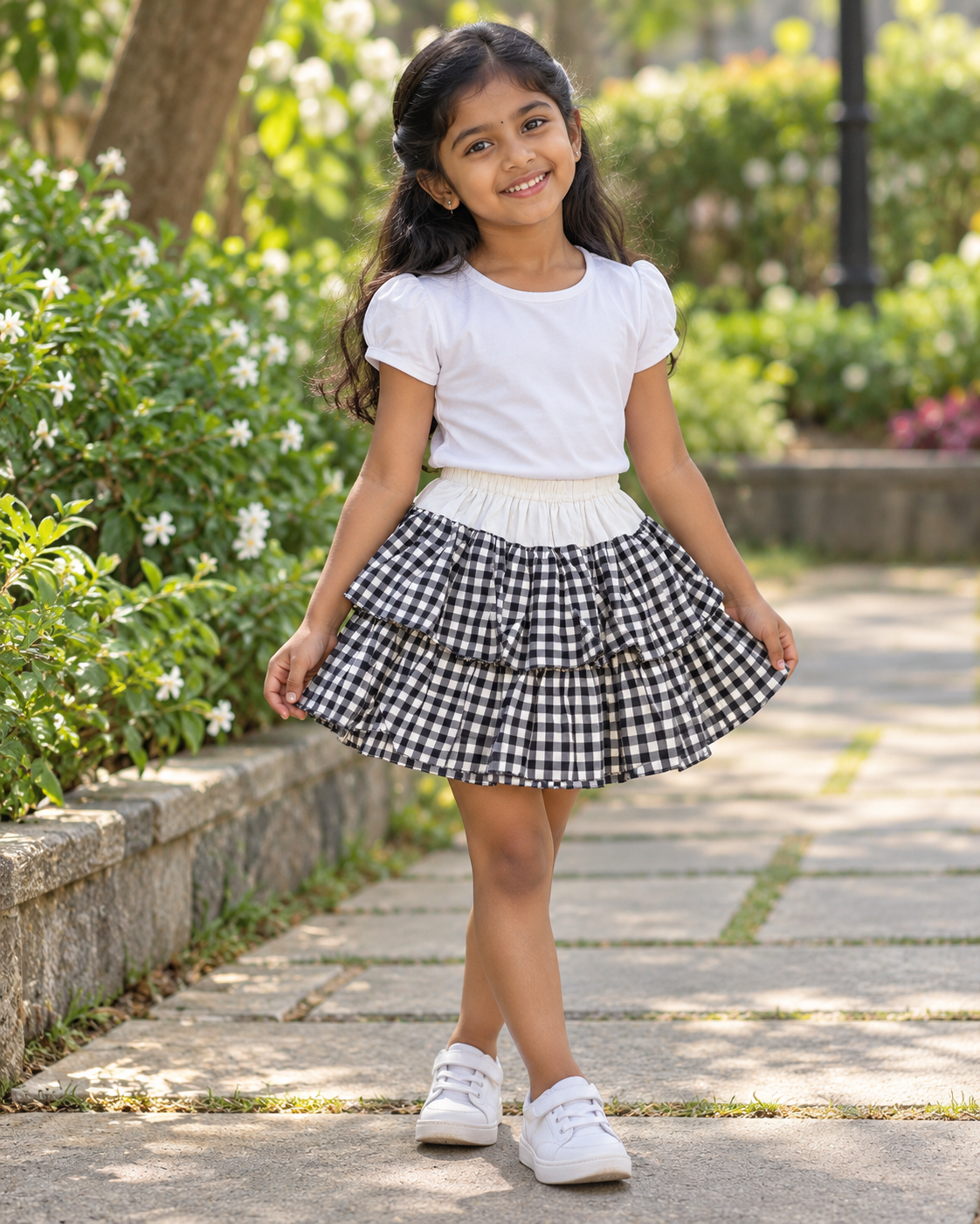 Cotton Checked Layered Skirt with Olive Green and Cream/3-4 Years - Image 2
