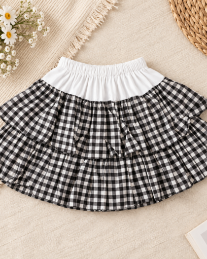 Cotton Checked Layered Skirt with Olive Green and Cream/3-4 Years
