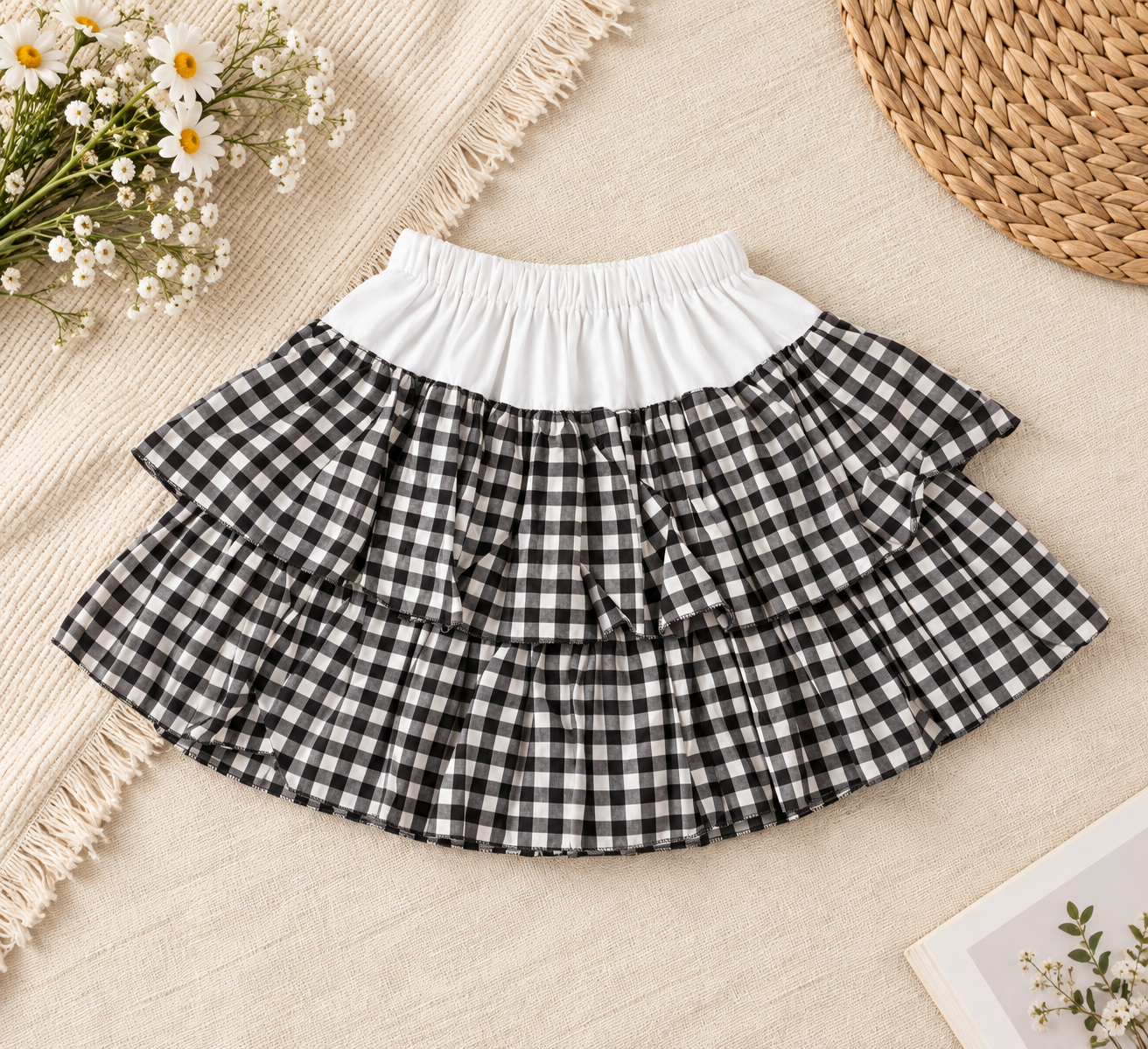 Cotton Checked Layered Skirt with Olive Green and Cream/3-4 Years