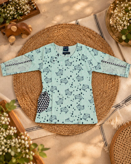 An A-Line Mini Frock in Cotton with an Abstract Print Pocket/5-6 years