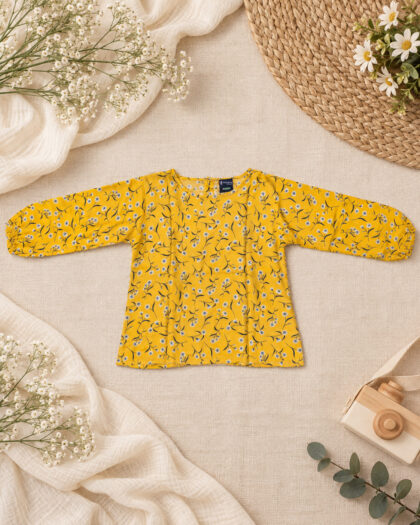 Yellow Floral Top With Long Sleeve In Rayon/10-11 Years