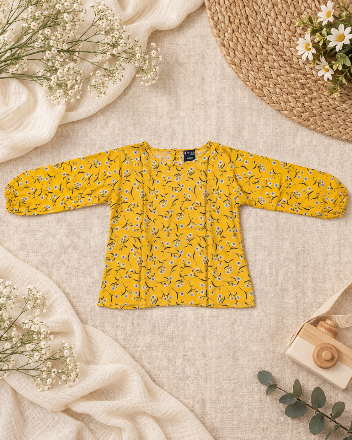 Yellow Floral Top With Long Sleeve In Rayon/10-11 Years