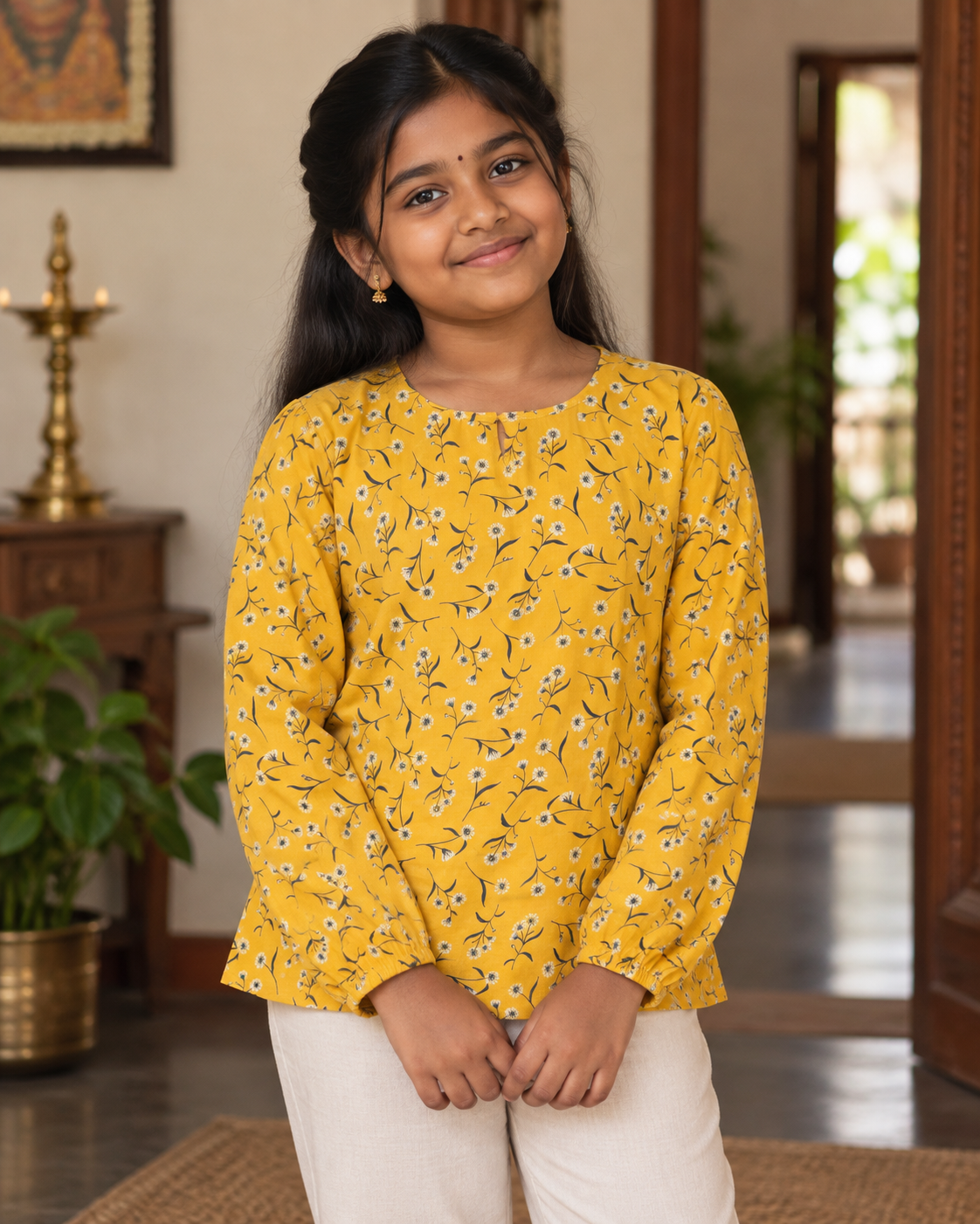 Yellow Floral Top With Long Sleeve In Rayon/10-11 Years - Image 2
