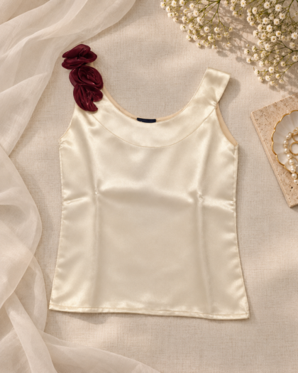 A Satin Ivory Top With Fabric Organzarores as Trims