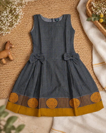The Grey Checks Handloom Cotton Frock With Double Bows/9-10 Years