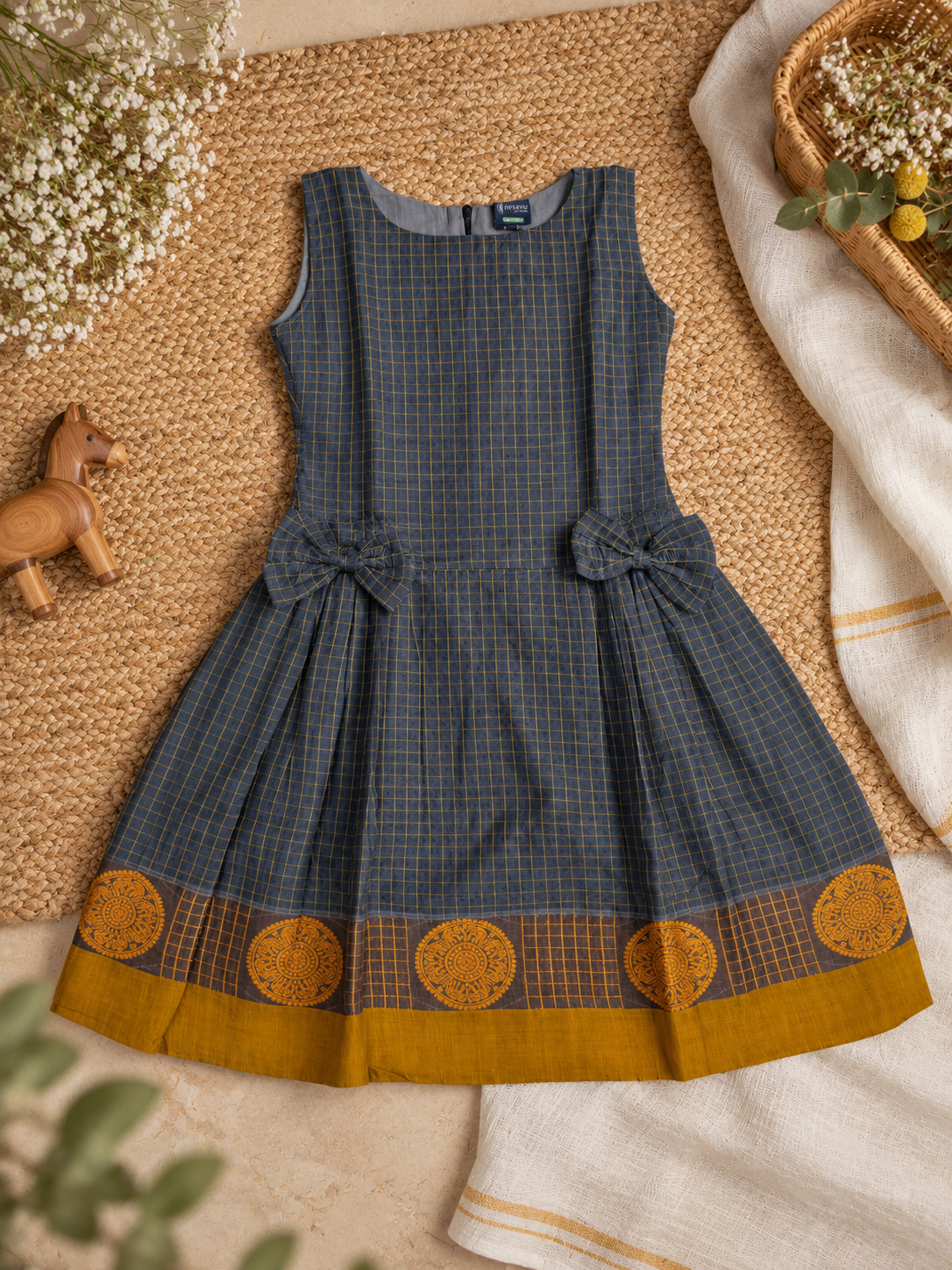 The Grey Checks Handloom Cotton Frock With Double Bows/9-10 Years