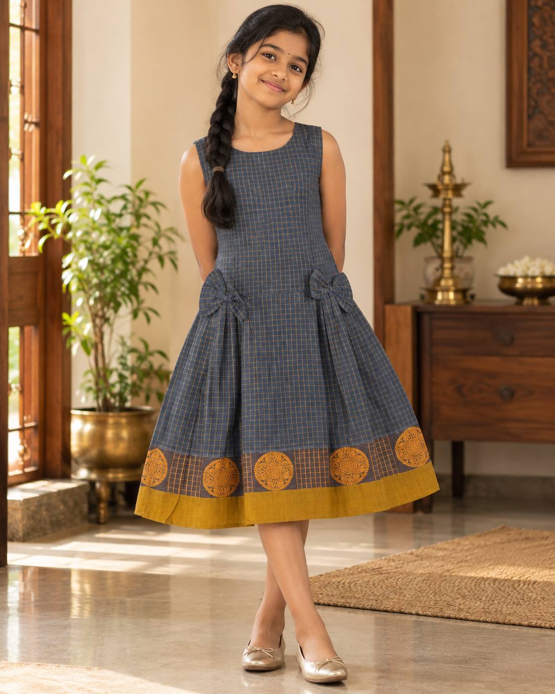 The Grey Checks Handloom Cotton Frock With Double Bows/9-10 Years - Image 2
