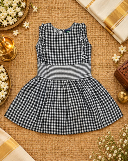 Black Checked Frock With Frills And Gathers/7-8 Years