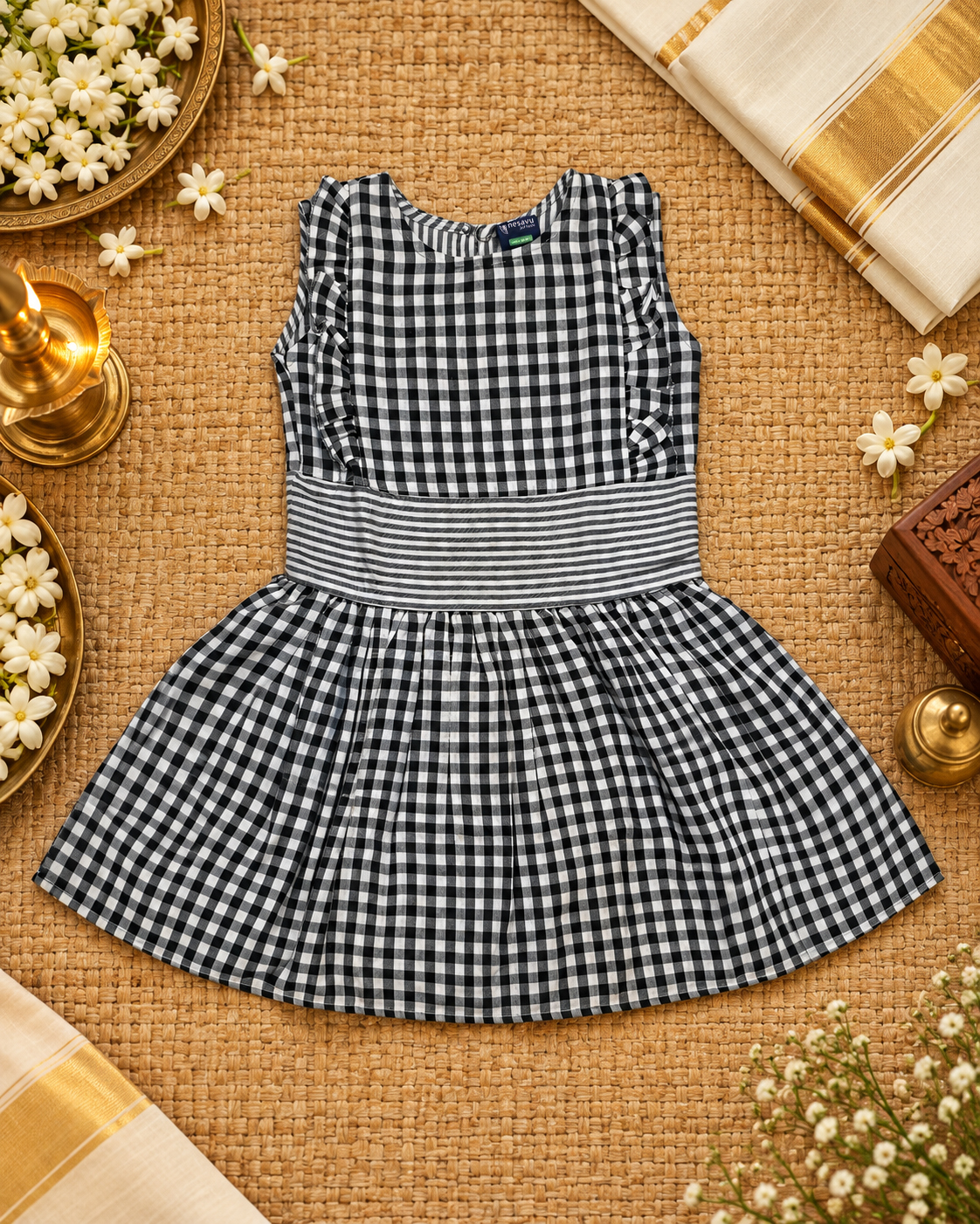 Black Checked Frock With Frills And Gathers/7-8 Years