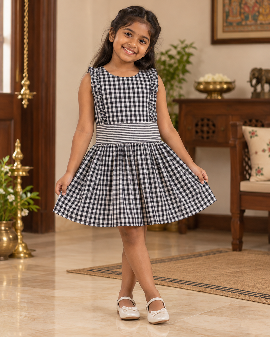 Black Checked Frock With Frills And Gathers/7-8 Years - Image 2