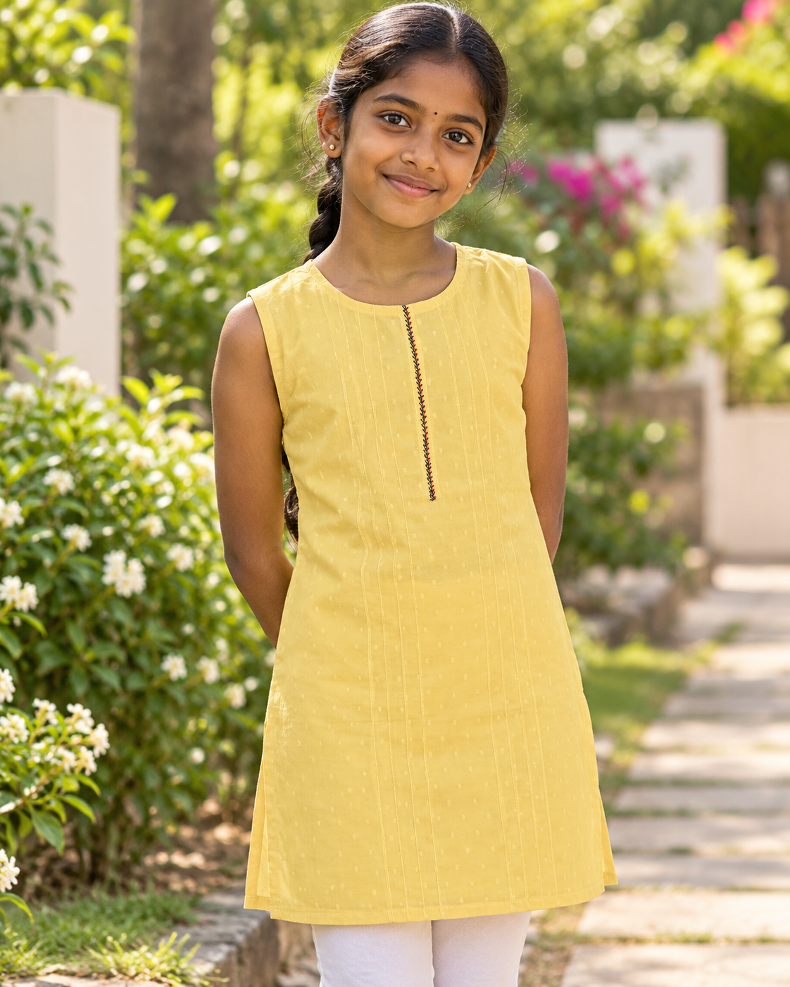 Cotton Kurta In Line Yellow With Embroidery - Image 2