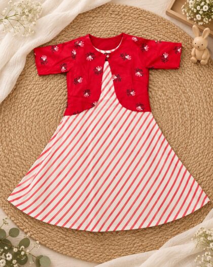 The Stripes And Flowers Red OverCoat Frock In Rayon / 6-7 Years